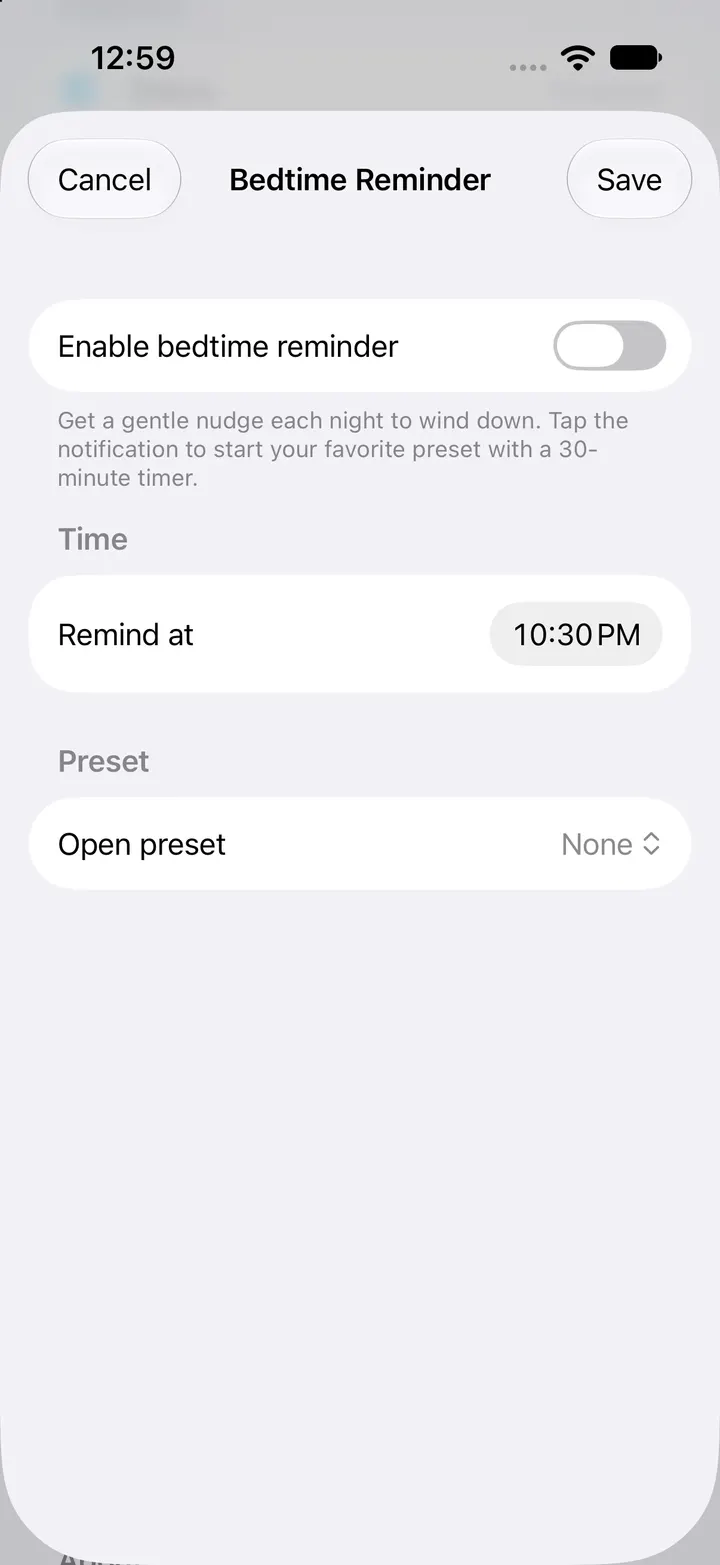 Actual Bedtime Reminder settings in demo Pro mode, before any reminder is enabled.