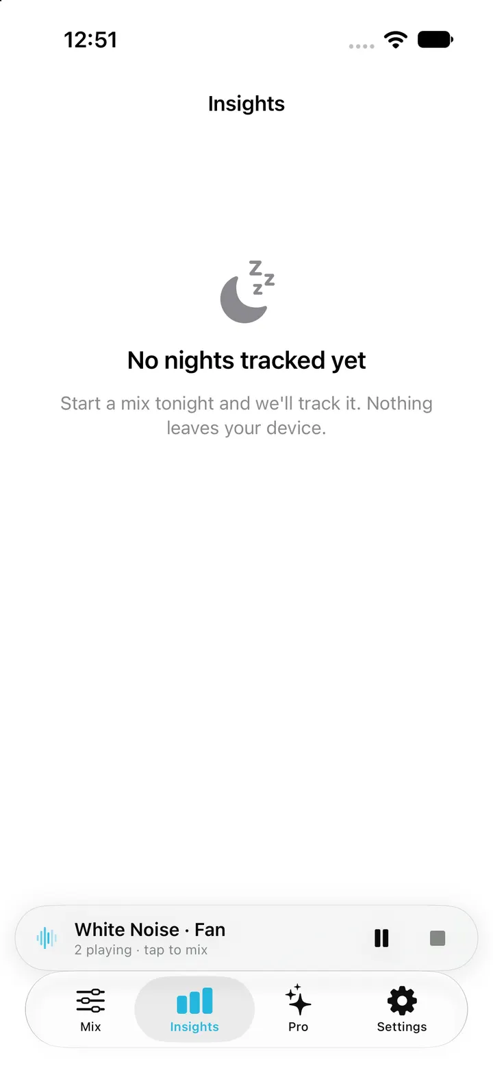 Actual Sleep Insights empty state in a clean iPhone simulator; no nights have been logged.