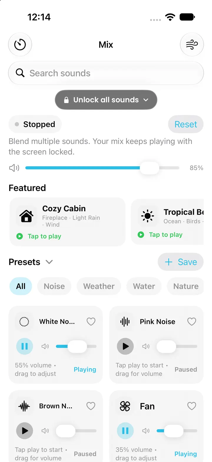Actual SleepMix Mix screen captured in an iPhone simulator