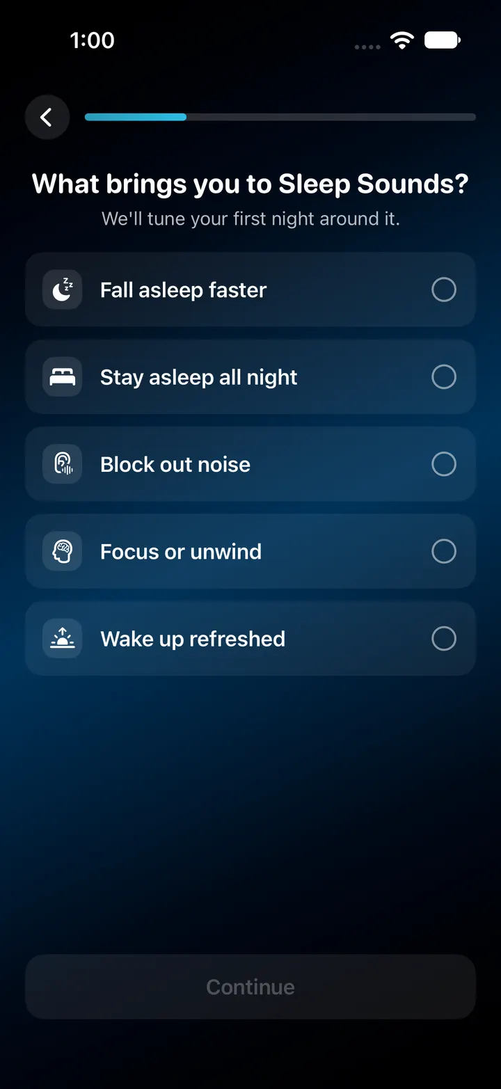 Actual onboarding question screen from SleepMix in the iPhone simulator.
