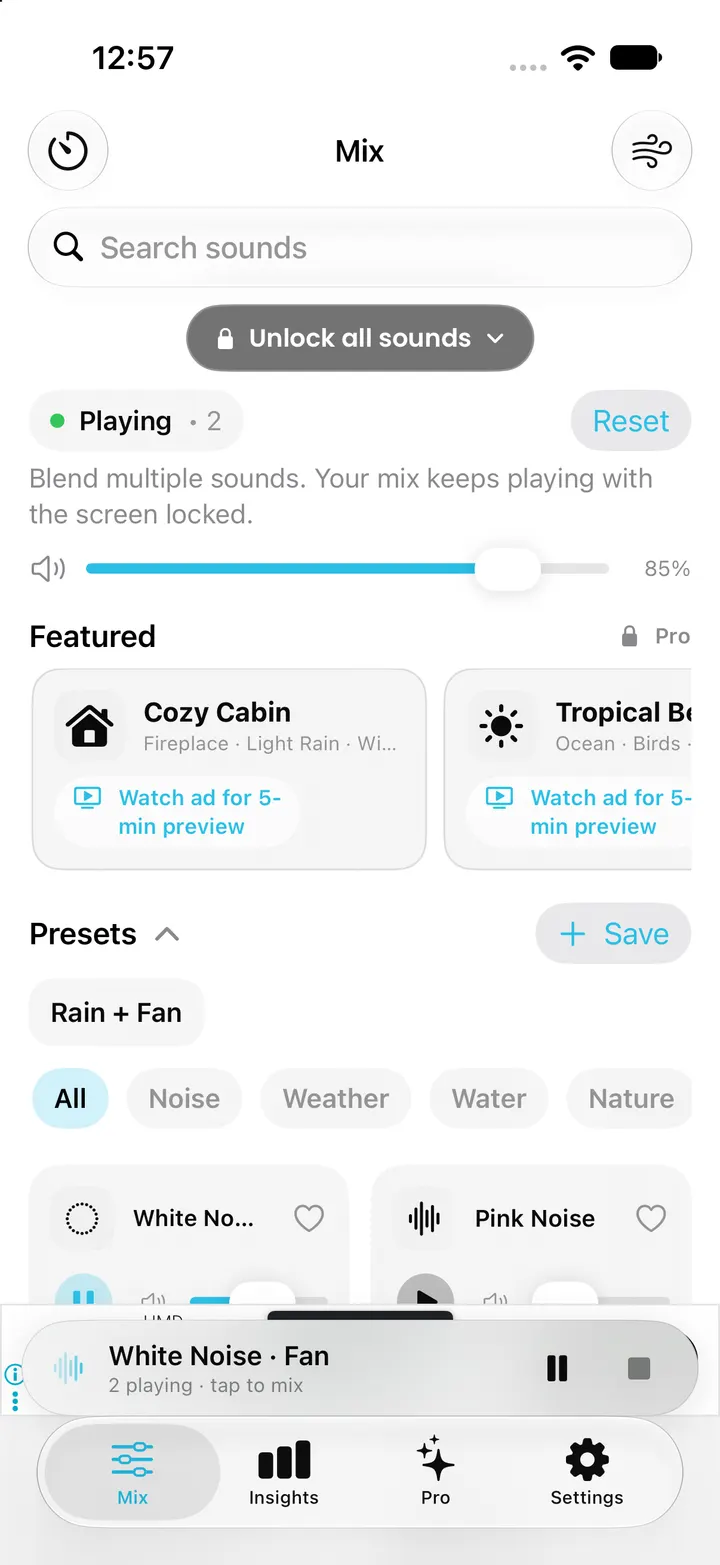 Actual Mix screen showing the saved Rain + Fan preset created in the simulator.