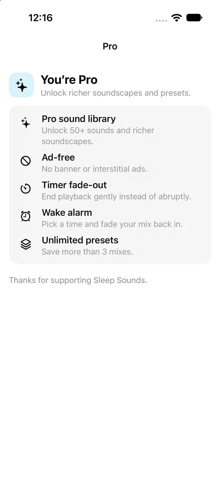 Actual Pro feature summary in the iPhone app, captured with demo Pro status.