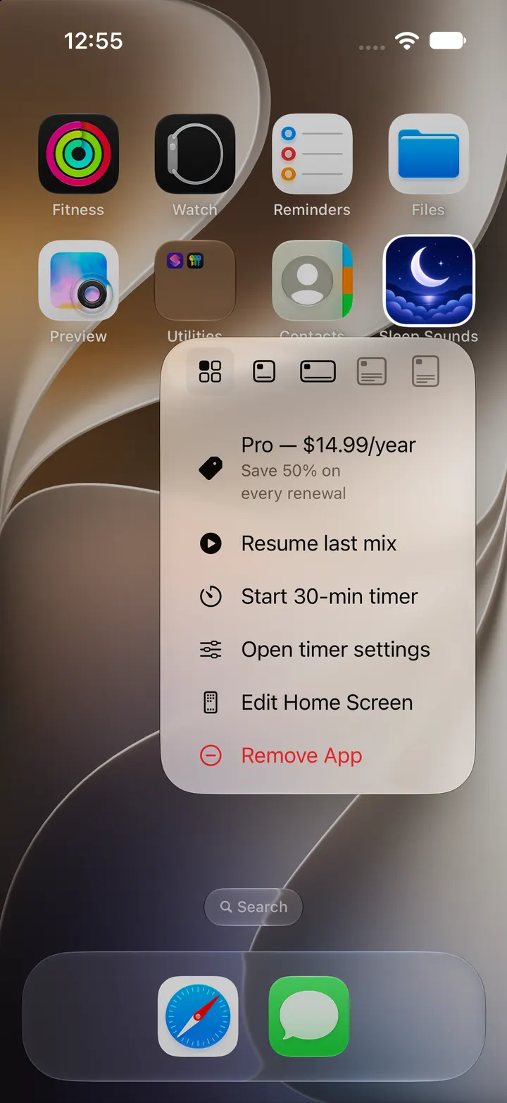 Actual iPhone home-screen Quick Actions captured 24 October 2026; the promotional offer shown in iOS can change.
