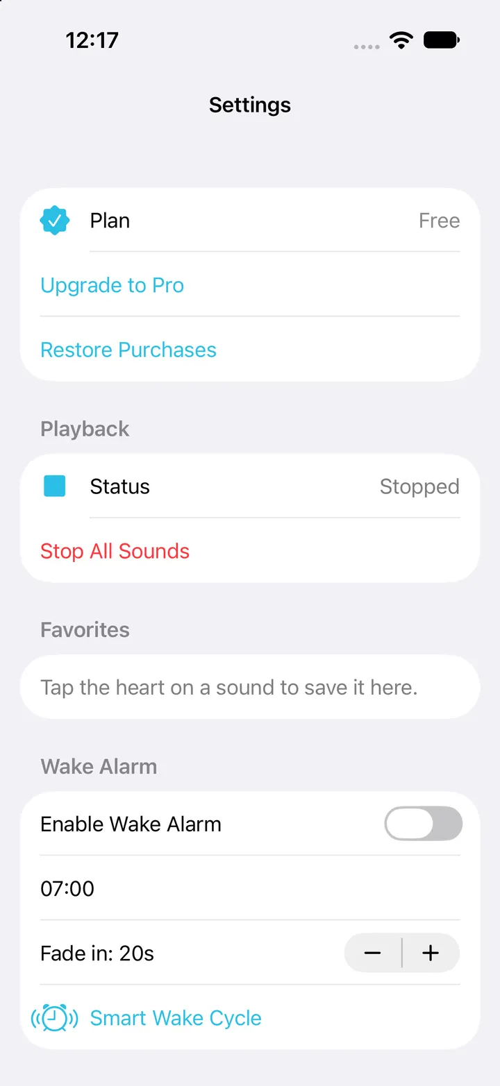 Actual Settings screen showing the Restore Purchases action.