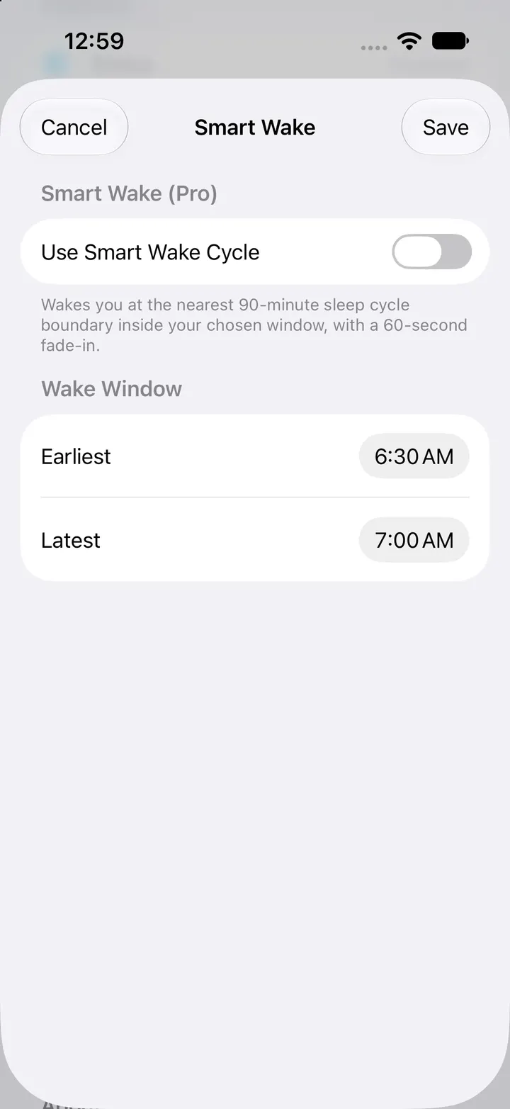 Actual Smart Wake Pro sheet in the simulator, with a 6:30–7:00 AM example window.