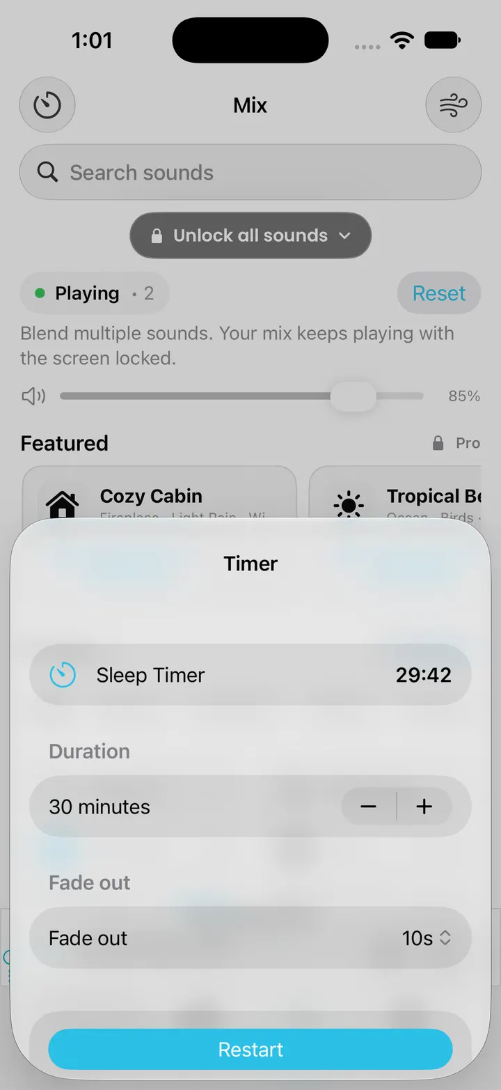 Actual SleepMix timer sheet with a running countdown and fade-out control.