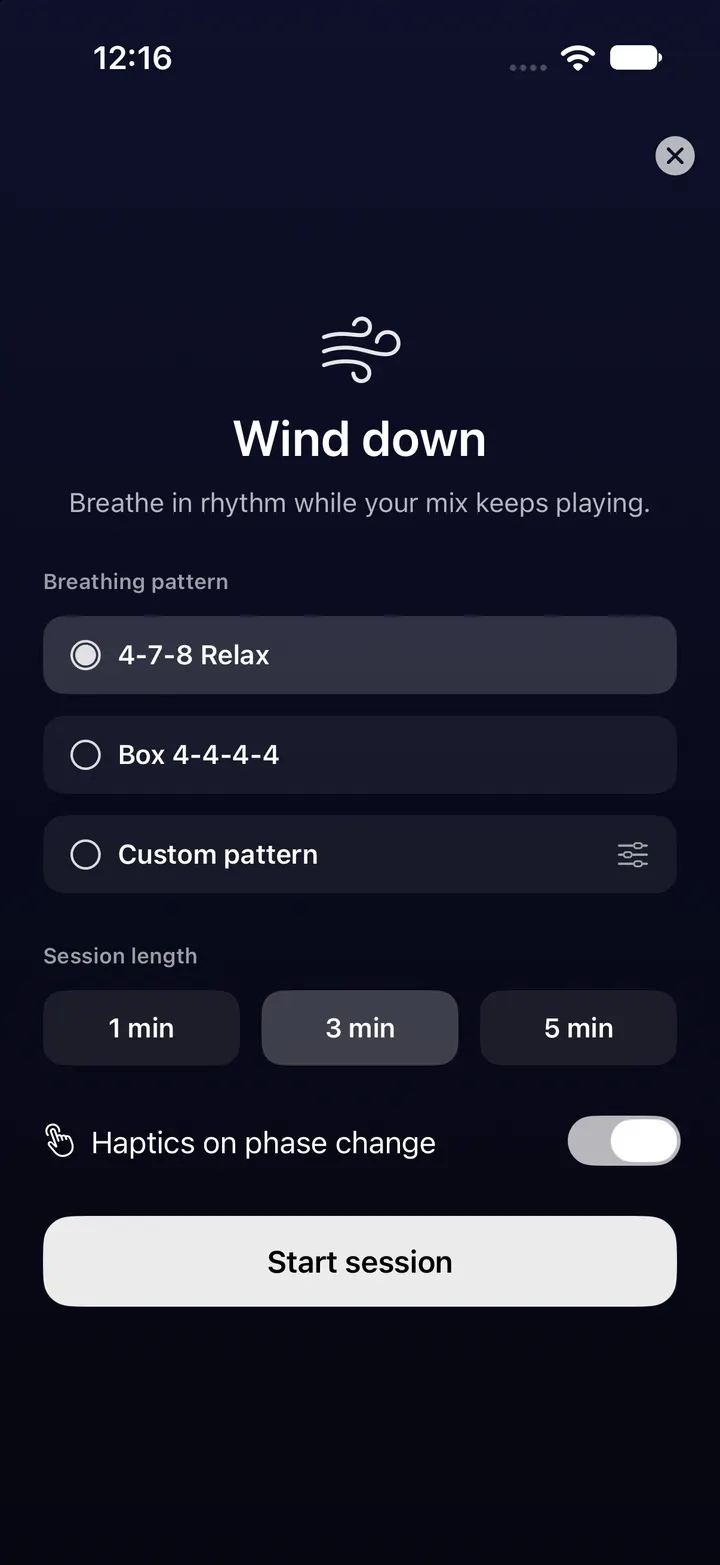 Actual Wind Down screen from the iPhone simulator. Demo mode shows the available patterns.